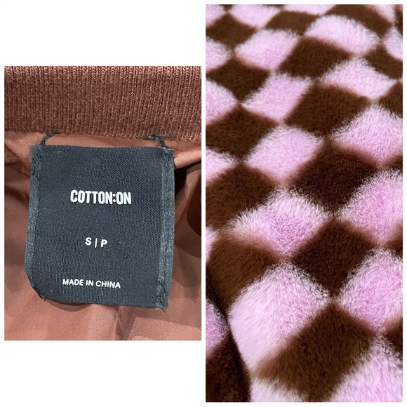 COTTON ON Pink Brown Pattern Faux Fur Bomber Jacket Small - Picture 4 of 12